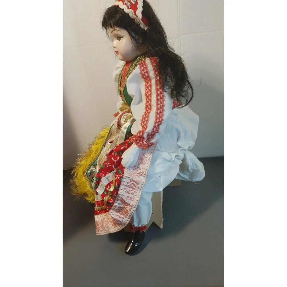 Porcelain Doll Folk Art 16in Red Great Traditional Costume Seated